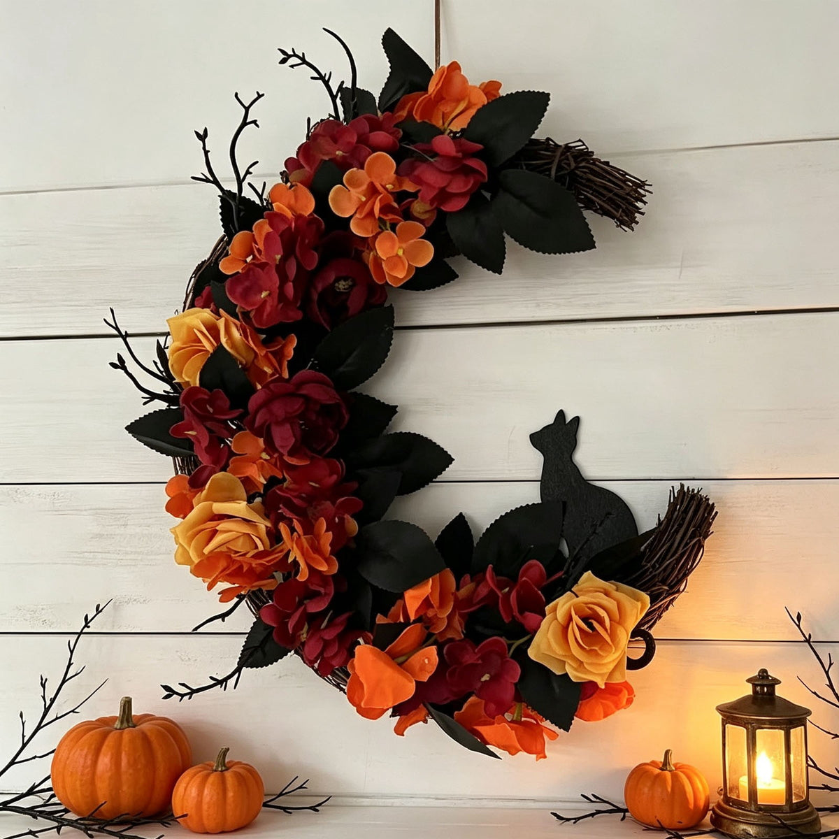 Gcvizuso Halloween Wreath with LED Light String, Purple Rose Black Crow Oval Spooky Twig Wreath for Front Door Window Fireplace Decor