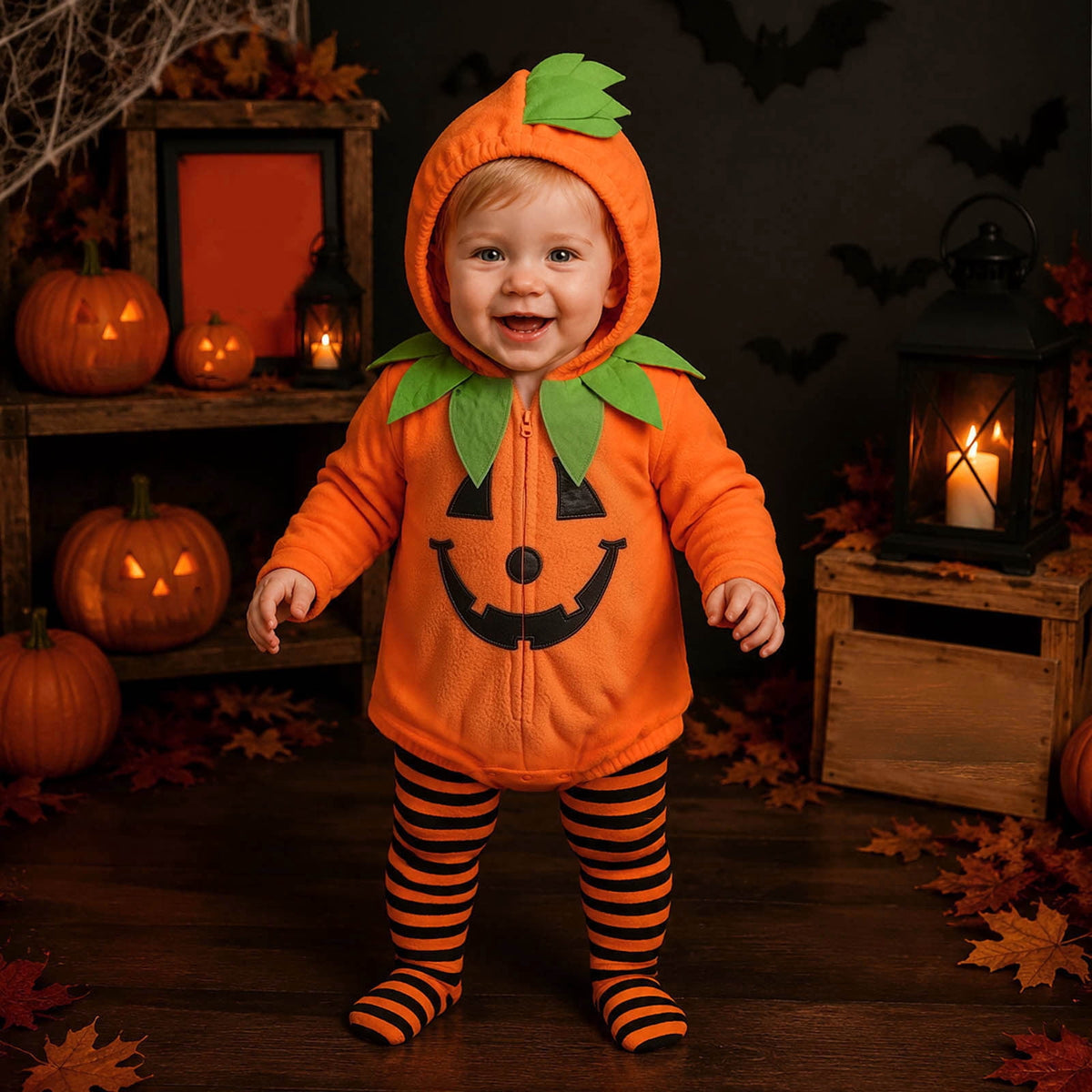 Newborn Infant Cute Jack-O-Lantern Costume Halloween Bodysuit and Striped Leggings Set Fall Holiday Fancy Dress Up Outfit for Boys Girls Party Festival