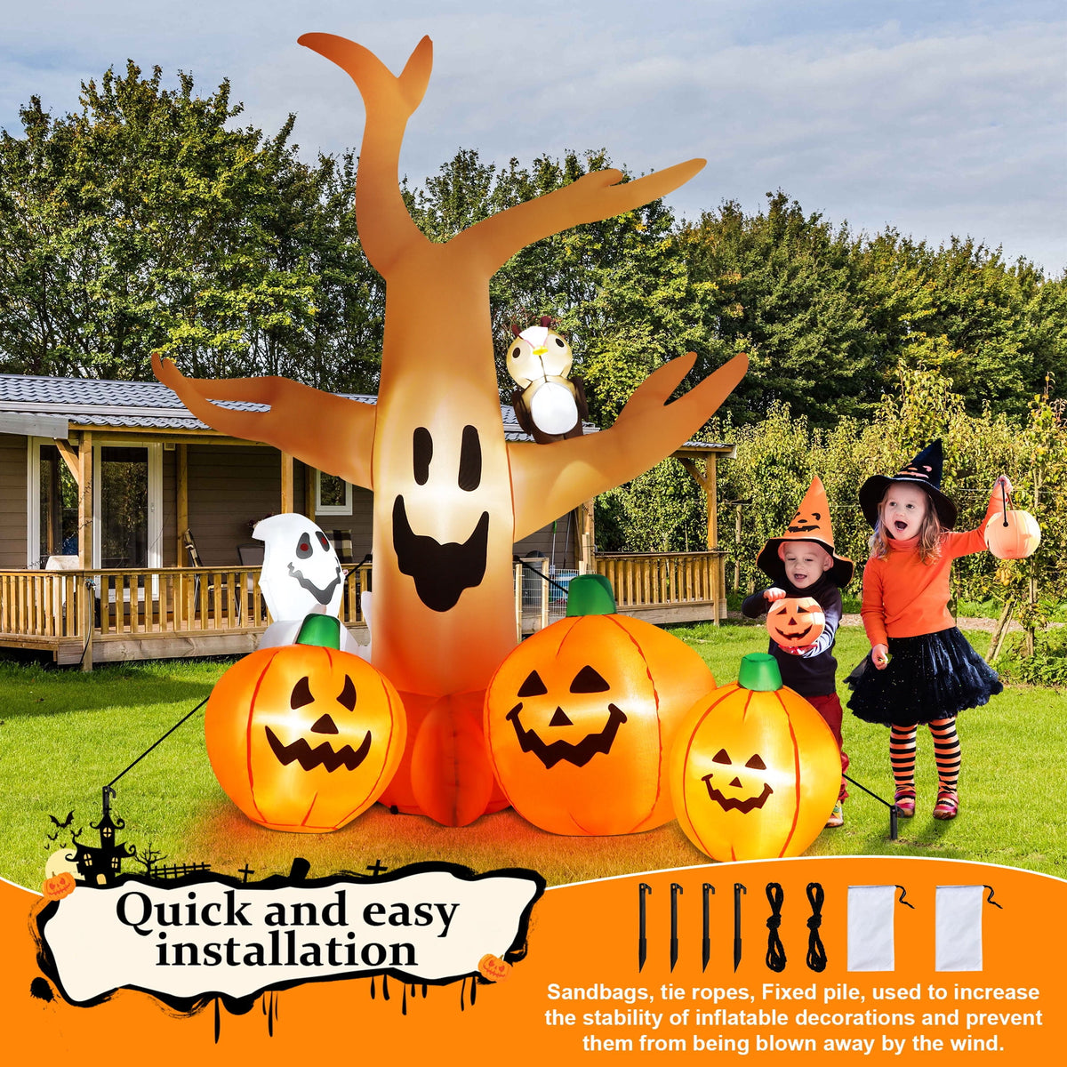 Yexmas 8FT Halloween Inflatables Dead Tree,Outdoor Halloween Decorations with Built-in LED Lights ,Halloween Blow Up Yard Decorations with Pumpkin,Ghost,and Owl