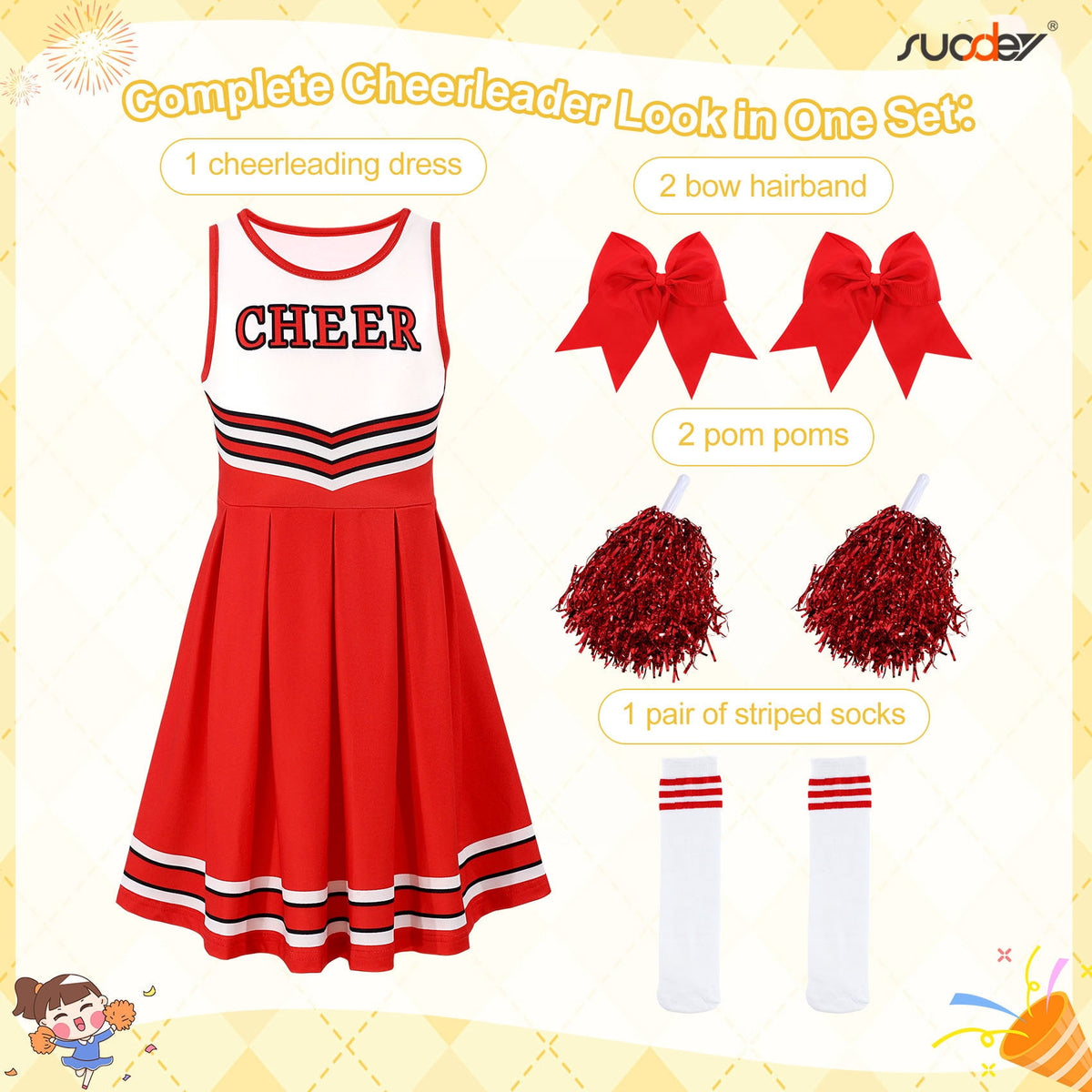 SUOSDEY Girls Cheerleader Costume Outfit Set,Kids Sleeveless Cheerleading Uniform for Party Birthday Halloween