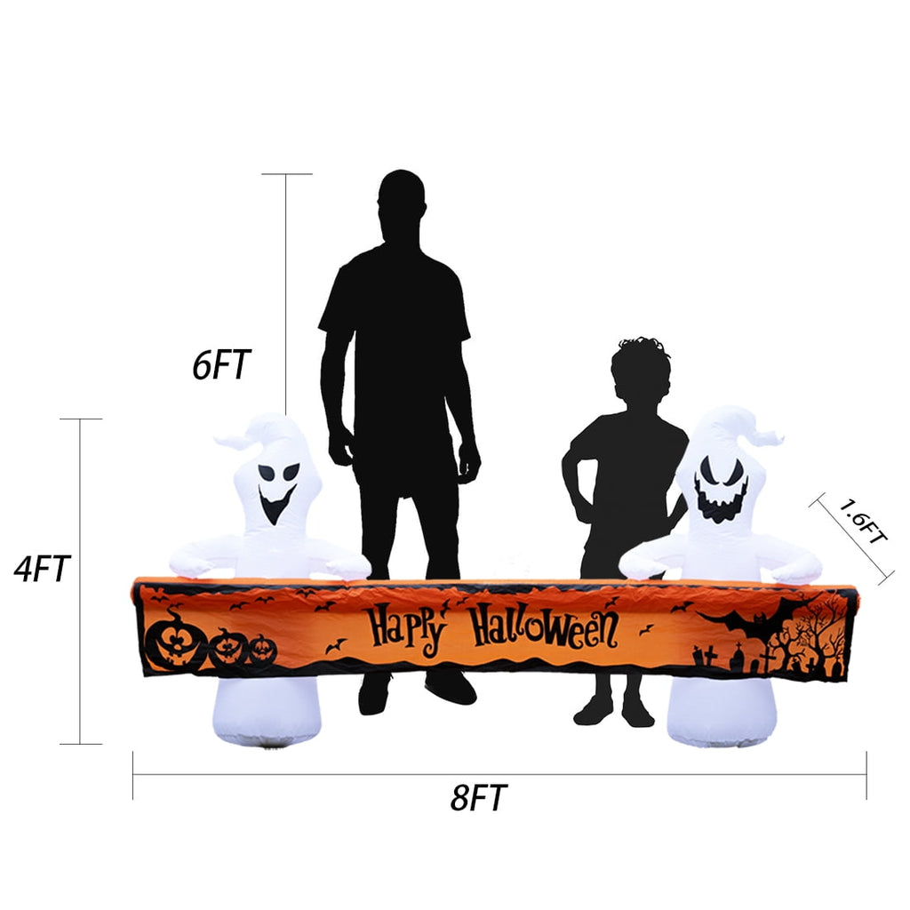 Large Hallowee Inflatable-8FT White Ghosts with Orange Banner Print “Happy Halloween” LED Lights Outdoor Halloween Decorations Blow Up Decoration for Halloween Party, Yard, Garden, Lawn
