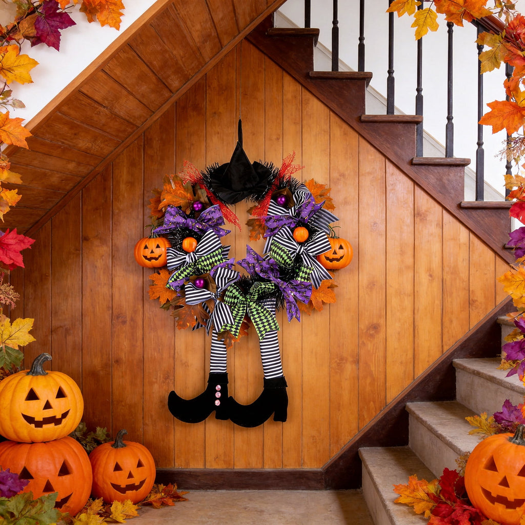 AGCAN 27 Inch Halloween Wreaths for Front Door, Unlit Halloween Wreaths with Witch Hat & Legs, Halloween Decorations for Home, Porch, Window, Indoor, Wall Decor