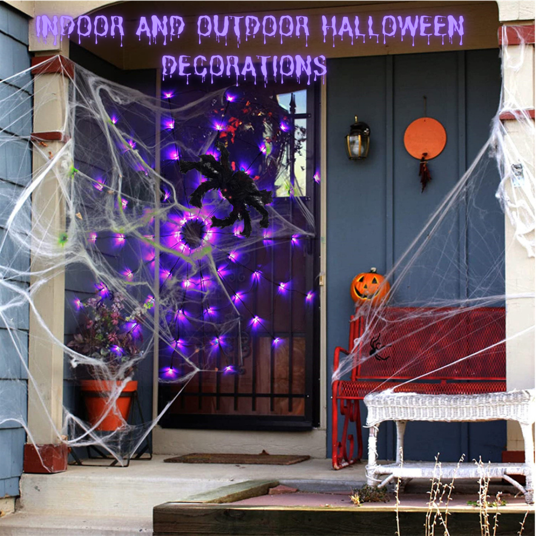 Halloween Decorations Spider Web Lights,4FT Diameter 70 LED with Black Spider, Waterproof Net Lights, Remote Control, 8 Modes Cobweb Halloween Decorations for House Garden Indoor Outdoor (Purple)