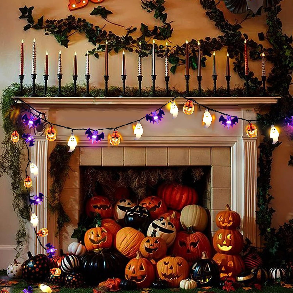 Halloween Lights, 20FT 30 LED Waterproof 3D Pumpkin Bat Ghost Battery Operated String Lights with Timer - 8 Lighting Modes Fairy Light for Window Indoor Outdoor Decor Halloween Party Decorations