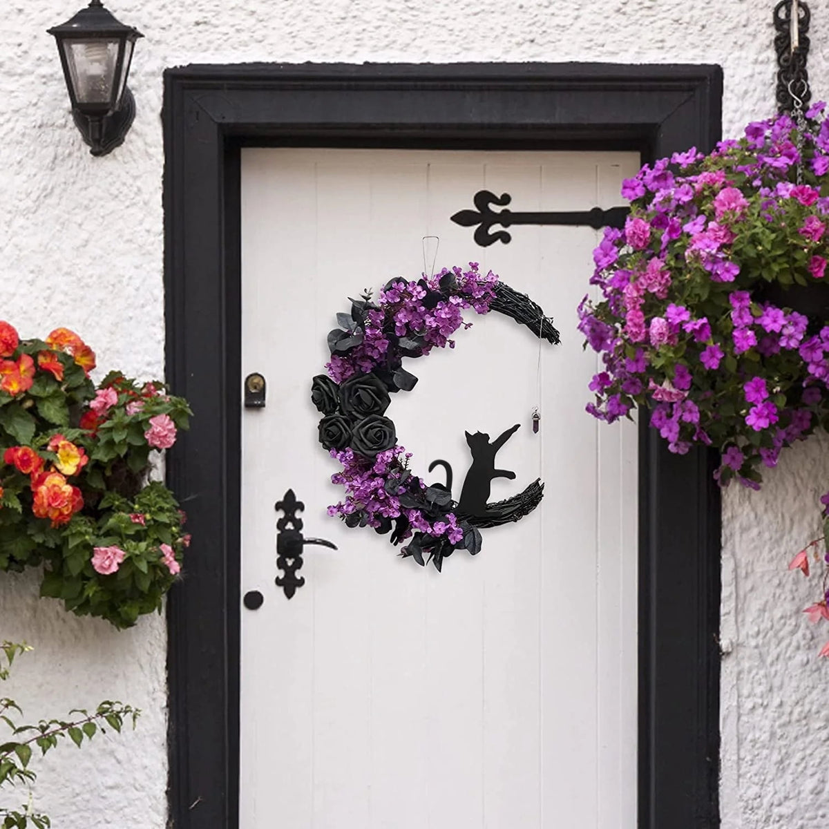Myecovie Halloween Wreath for Front Door Halloween Moon Wreath with Mini Black Cat Grapevine Wreath Halloween Door Wreath Decorations for Home Party Indoor Outdoor-14"